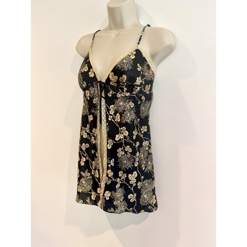 Victorias Secret Mini Slip Dress Open Tie Front Black Floral Satin Lace Sz S Y2K - Picture 6 of 11